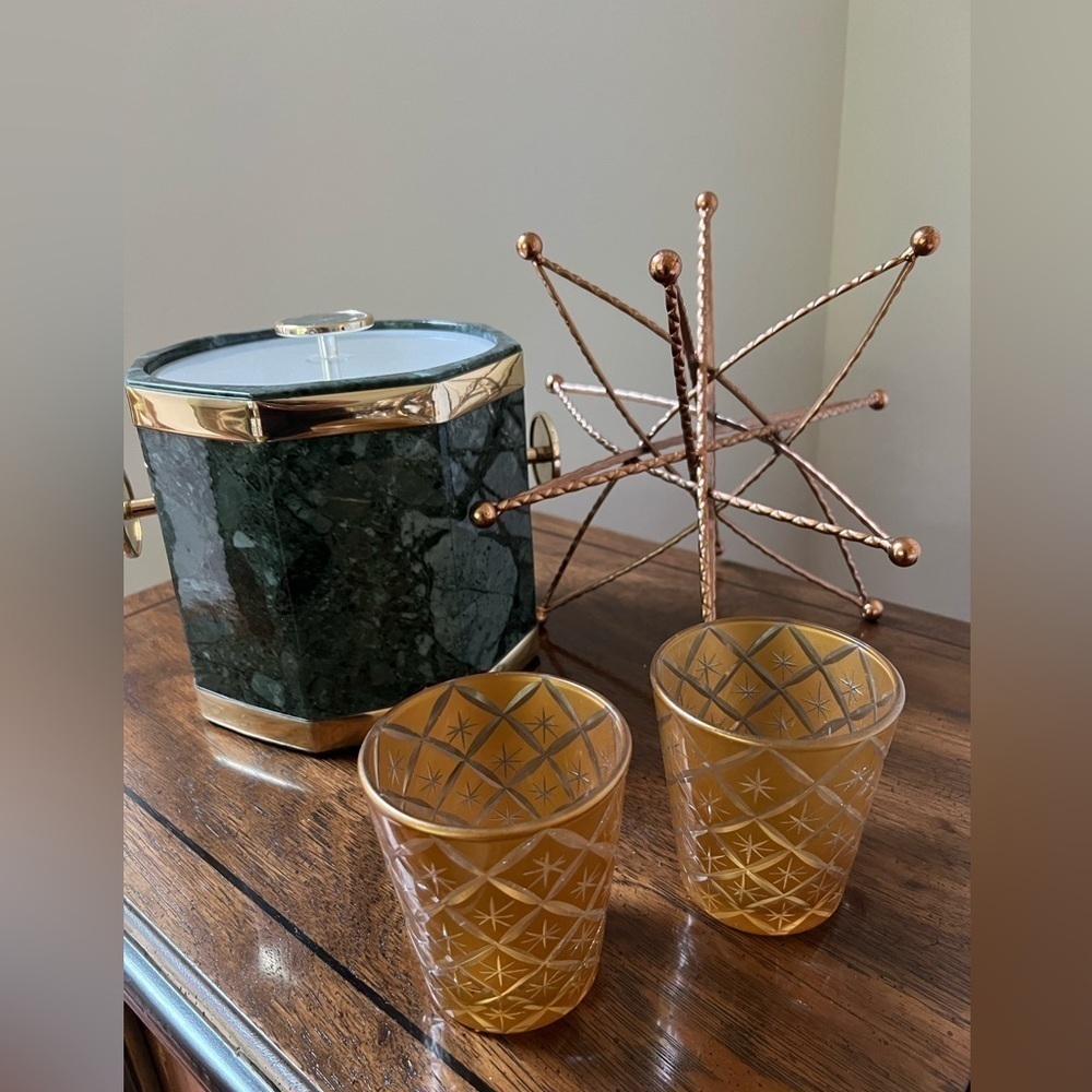 Mid Century Lot Faux Green Marble Ice Bucket and The Bombay Pair glasses